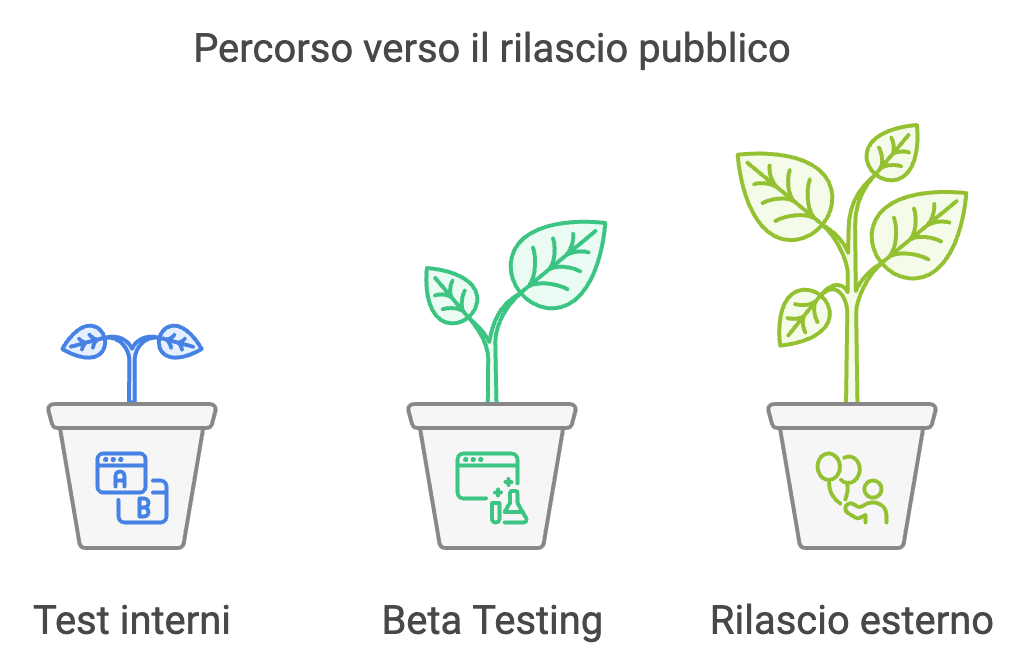 Percorso verso il rilascio pubblico: 1. Test interni, 2. Beta Testing, 3. Rilascio esterno