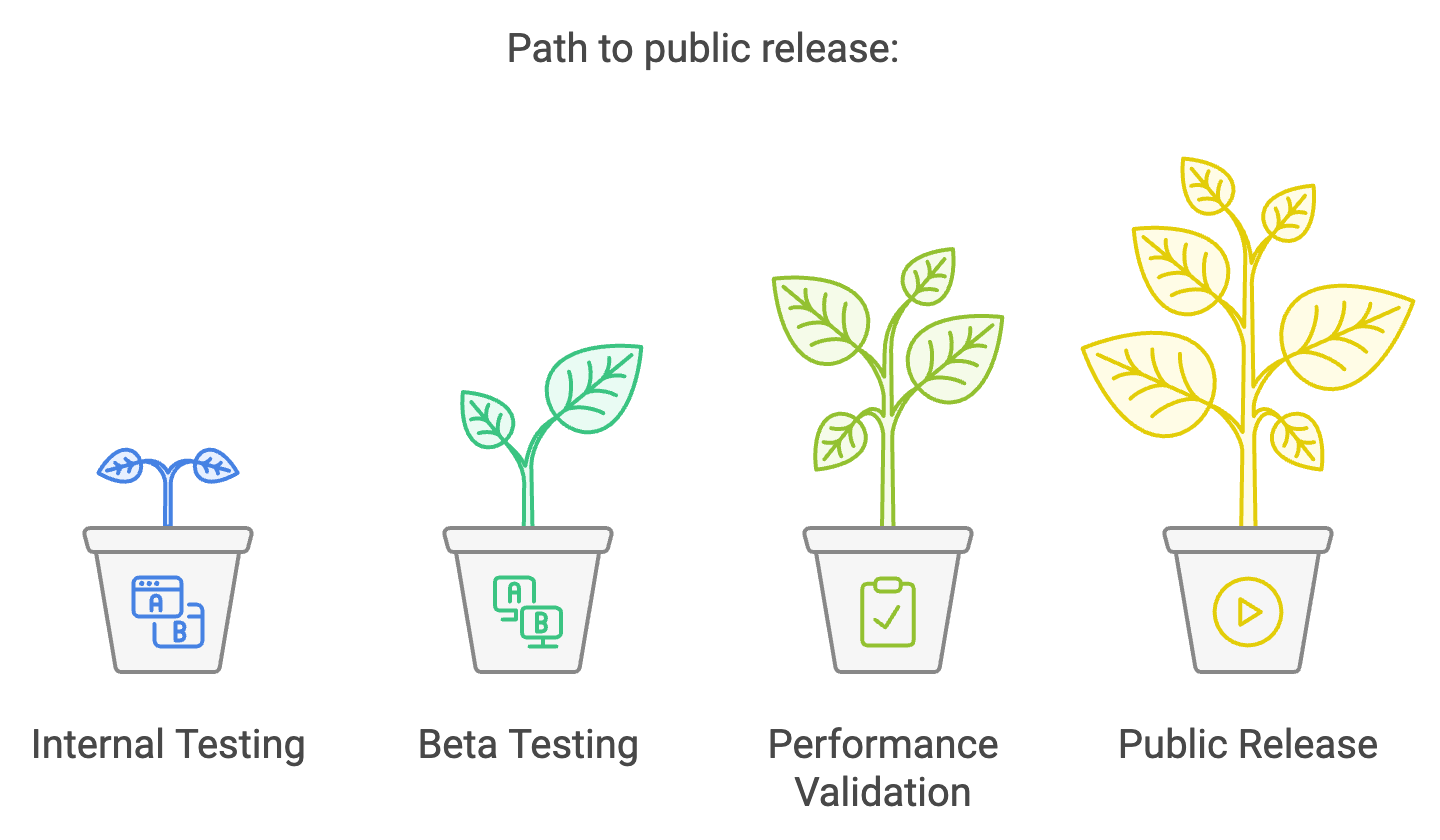 Path to public release: 1. Internal testing, 2. Beta Testing, 3. Performace Validation, 4. Public release