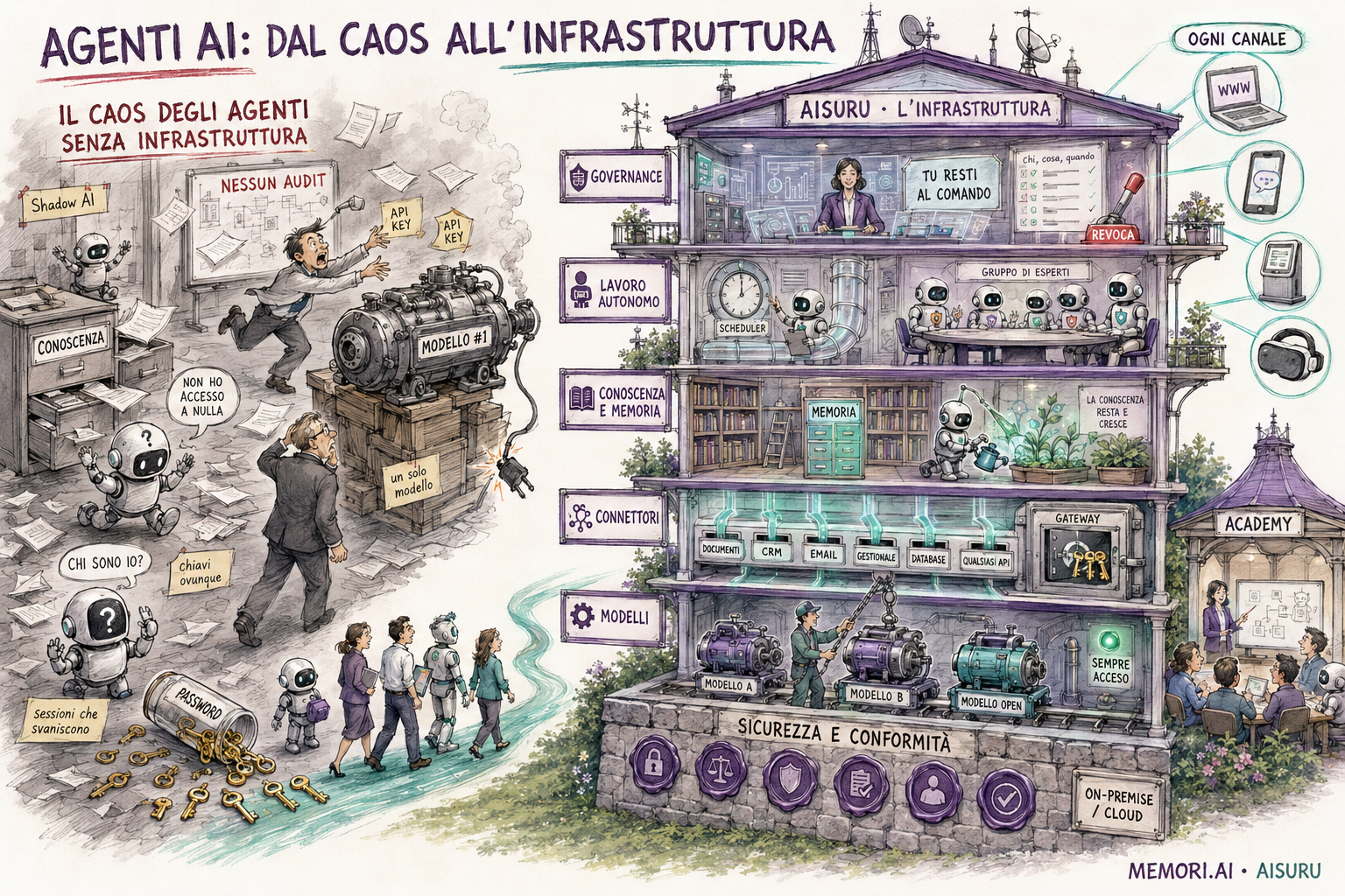 Agenti AI: dal caos all'infrastruttura. Un'immagine per capire dove nascono i problemi e come si risolvono