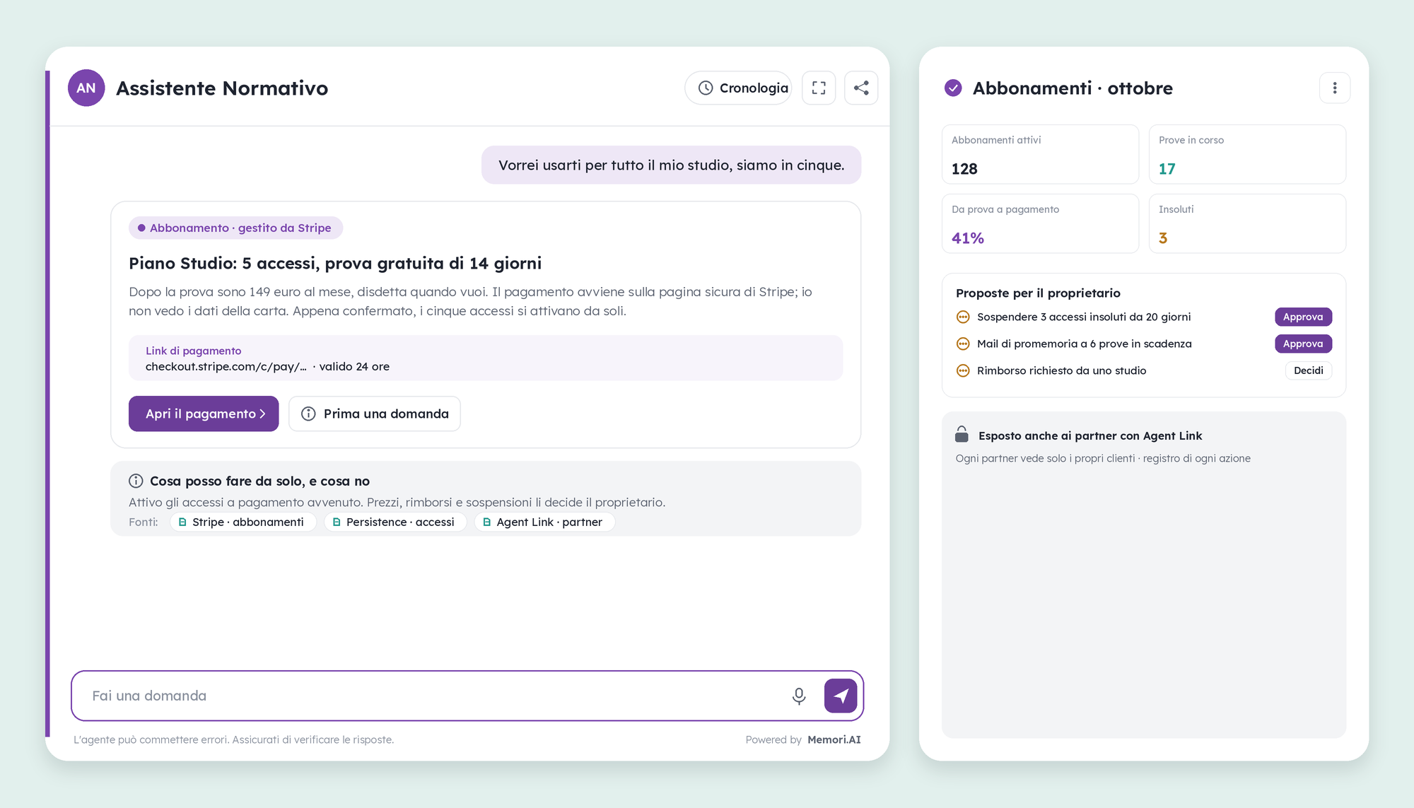 L'Assistente Normativo propone il piano con il link di pagamento Stripe; il pannello mostra abbonamenti, prove e le proposte in attesa del proprietario