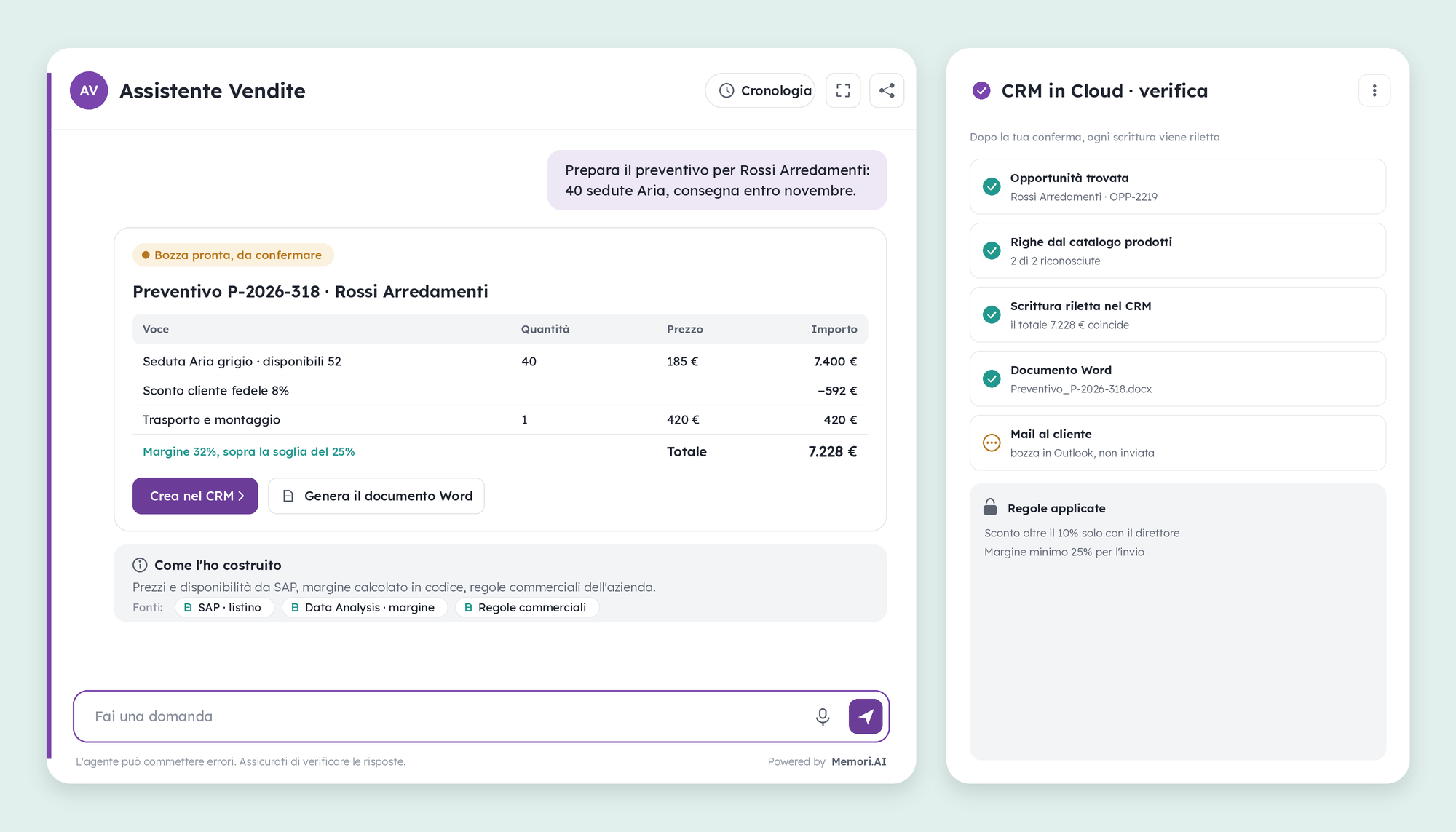 The Sales Assistant presents the quote draft with margin and rules, while the panel shows the verification of every CRM write